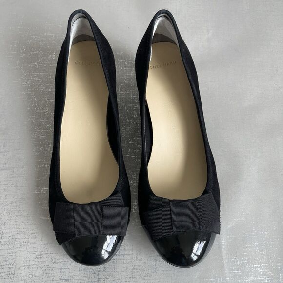 Cole Haan Black Suede & Patent Leather Low Wedge Pump Shoes Size 7 B - Picture 1 of 13
